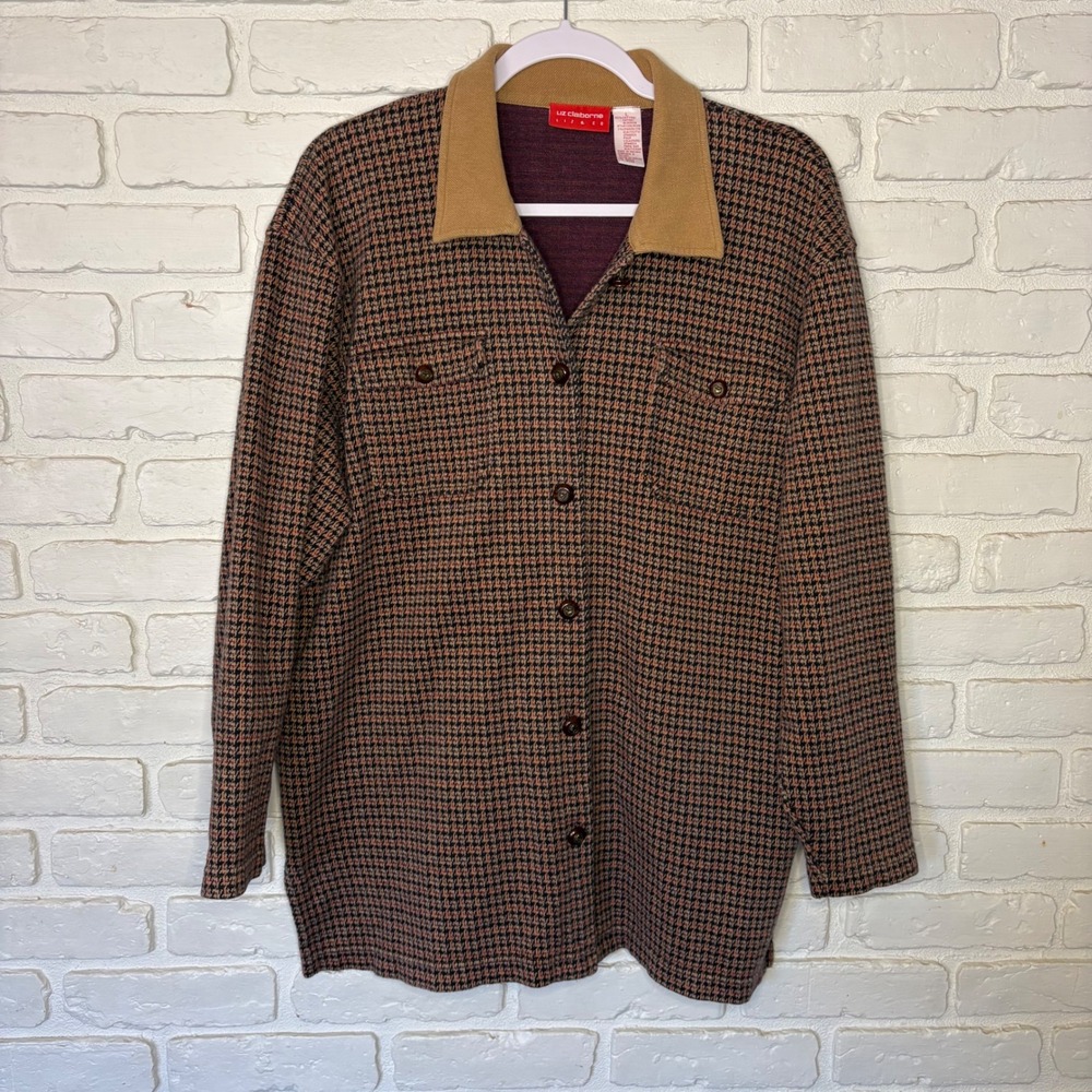 Liz Claiborne Brown Houndstooth Cotton Shacket Button Down Women's‎ Size Large